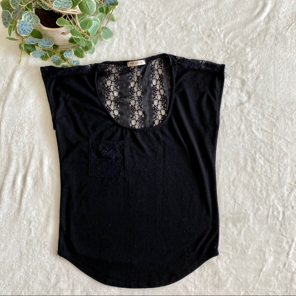 Arden B black shirt with lace on the back/pocket